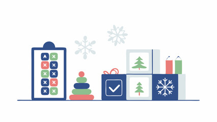 A charming arrangement of holiday toys and snowflakes creating a festive winter scene with a flat