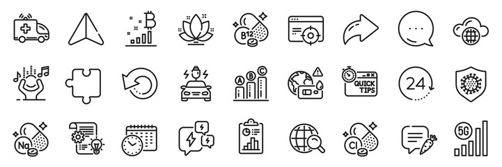 Report, Cobalamin vitamin and Graph chart line icons pack. Share, Message, Paper plane icons. Internet search, Ambulance car, Coronavirus web icon. Vector
