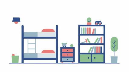 Cozy Children s Room Scene with Bunk Beds and a Playful Owl on the Bookshelf in Soft Flat Vector