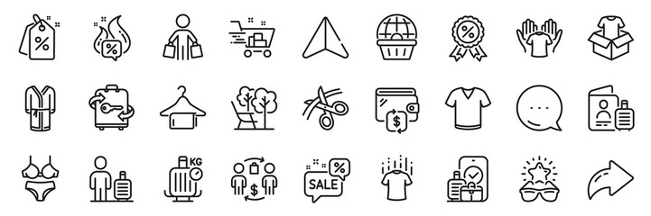 Fototapeta na wymiar Clothing, Wallet and Scissors line icons pack. Share, Message, Paper plane icons. Bathrobe, Luggage, Buying process web icon. Hot offer, Baggage, Shopping cart pictogram. Vector