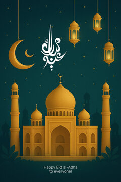 Eid Mubarak Background with Golden Mosque, Crescent Moon & Lanterns &ndash; Green Theme