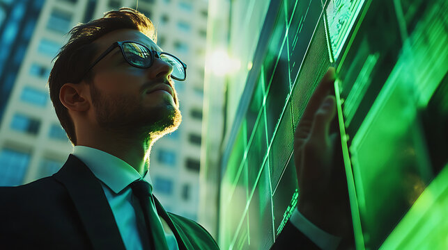 Businessman Analyzing Data on a Large Screen in an Urban Setting