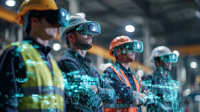 Industrial Workers Wearing Virtual Reality Headsets Advanced Technology Digital Overlay Futuristic Manufacturing Smart Factory Innovation Team Collaboration Modern       