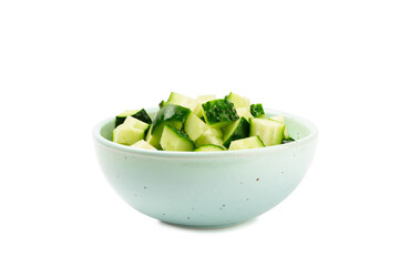 Cucumber isolated on white background. Slice of cucumber on white background. Fresh organic green cucumbers. Vegan. Ingredient for salad. Farm vegetables.