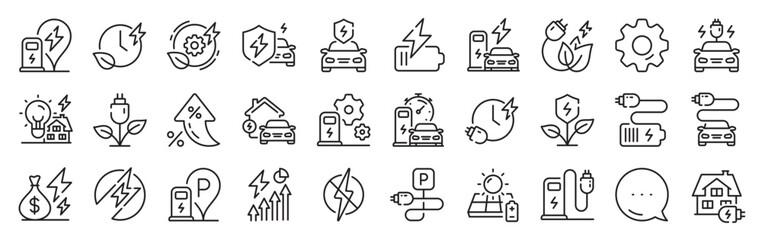 Electric car charging line icons. Settings gear, Message, Inflation icons. Charge station, Ev parking and Battery charger set. Home car charging, power station and electro energy line icons. Vector