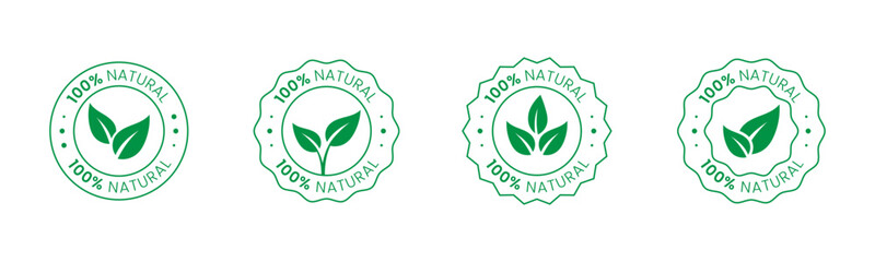 100% Natural Badge and Label Set. Green and white circle badge with leaf icon, label 100% Organic Natural Product for eco-friendly branding and packaging