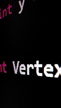Closeup macro shot movement of coding script moving across LED screen with real-time AI-generated typing, showcasing advanced AI learning in optimization, debug and coding for software development.
