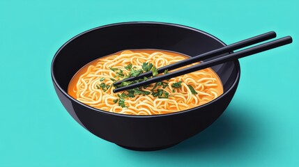 Asian noodle bowl poster mockup with chopsticks and herb garnish