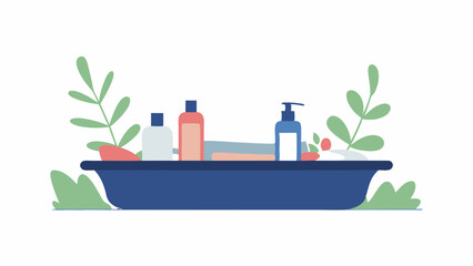 Obraz premium A calming bath scene with skincare products and plants evoking relaxation and self care with flat