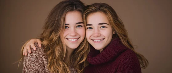 Twin sisters embracing and smiling at the camera