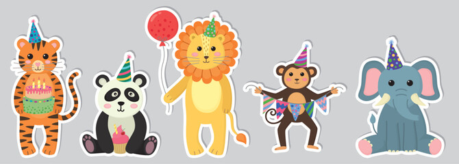 Set of stickers with cute animals with festive elements. Tiger, elephant, panda, monkey and lion with balloons, party hats, cake and garlands