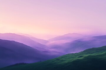 Fototapeta premium Misty green hills rolling under a pastel sunrise, soft pink and purple tones touching the horizon 