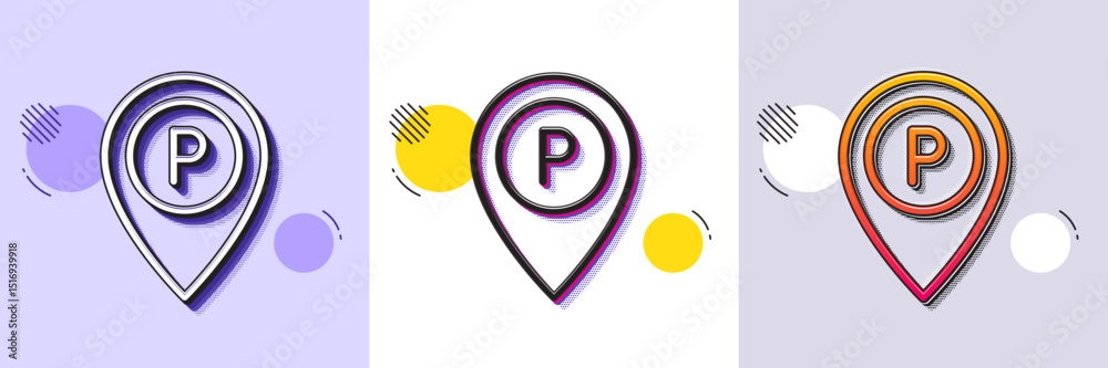 Poster parking line icon. halftone dotted pattern. gradient icon with grain shadow. location map pointer si