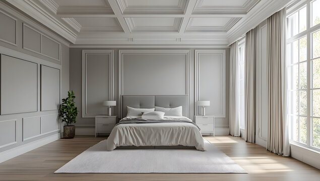 Custom Gray Master Bedroom with Complete Wainscoting Wall, Fresh Paint, Crown and Base Molding, Hardwood Floors, and Coffered Ceiling