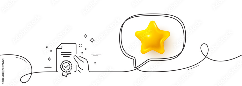 Poster certificate line icon. continuous line with 3d star. high quality or guarantee sign. verified docume