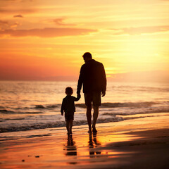 Padre e Hijo Caminando Juntos al Atardecer en la Playa