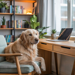 Golden Retriever Atento en Silla de Oficina de Hogar con Estantería de Libros