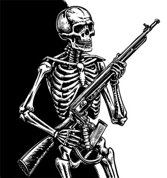 recommend clip art: Skeleton Soldier Holding Rifle: Black and White Art