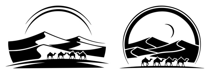 camels in desert dunes silhouette vector © Camel