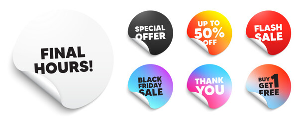 Final hours sticker tag. Special offer paper price tags. Final hours sale. Special offer price sign. Advertising discounts symbol. Discount, black friday sticker. Promo banner. Vector