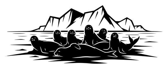 group of seals resting on ice black vector shape