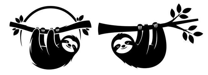 sloths hanging from tree branch black vector shape