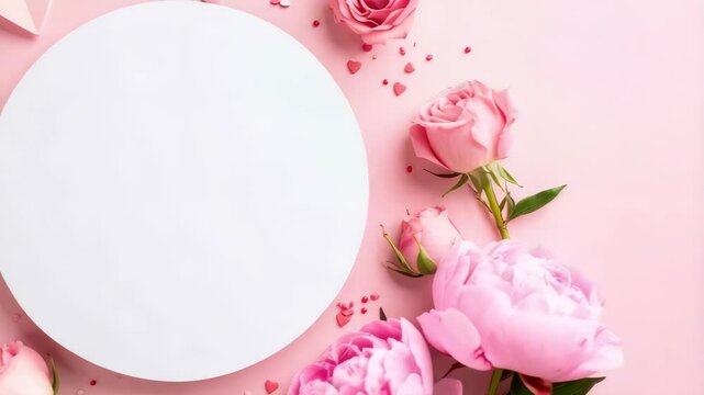 Top view with pink roses, peonies, paper hearts and sprinkles around a white circle template for design mockup.