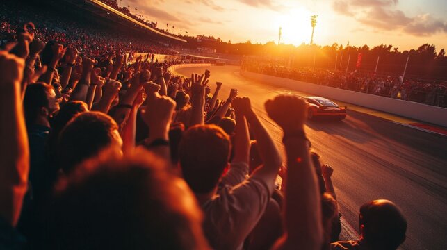 Excited crowd cheering during thrilling car race