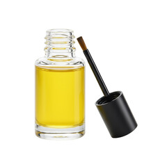 Ultra realistic UHD photo of a cuticle oil bottle with a brush applicator, standalone full object on a clean transparent background, no shadows, slightly high angle shot with clear contours,