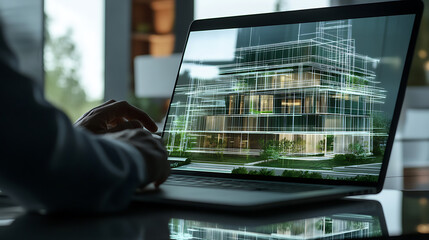 Architect reviewing a modern building design on a laptop screen