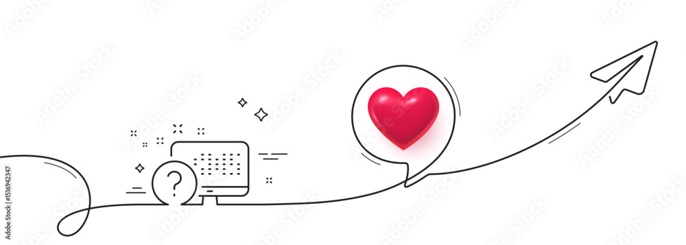 Poster question mark line icon. continuous line with share plane. online quiz test sign. 3d heart in speech
