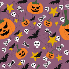 Warm pink Halloween seamless pattern with pumpkins, bats, skulls and Boo elements