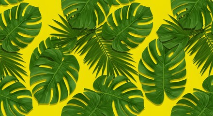 Tropical seamless pattern with monstera and palm leaves in vivid green tones for vibrant nature backgrounds