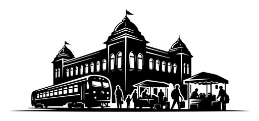 Obraz premium victorian train station india black silhouette laser cutting and engraving vector shape