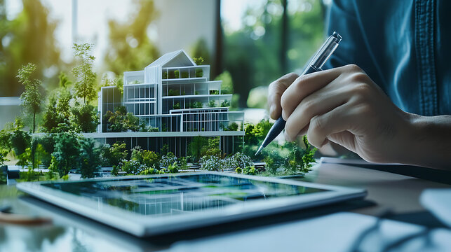 Architect designing a sustainable building model with greenery and modern structures