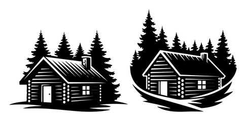 log cabin in pine forest black silhouette shape