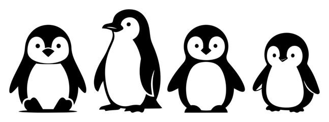 cute penguin character set black silhouette shape