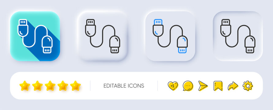 Charging cable line icon. Neumorphic, Flat shadow, 3d buttons. Mobile accessories sign. Data cord symbol. Line charging cable icon. Social media icons. Vector