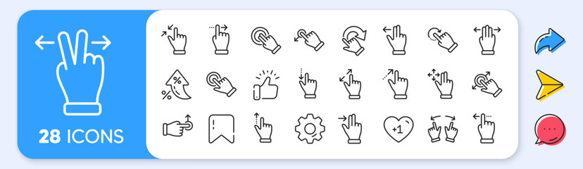 Touchscreen gesture line icons. Interest rate, AI generate, Inflation icons. Hand swipe, Slide gesture, Multitasking icons. Touchscreen technology, tap on screen, drag and drop. Vector