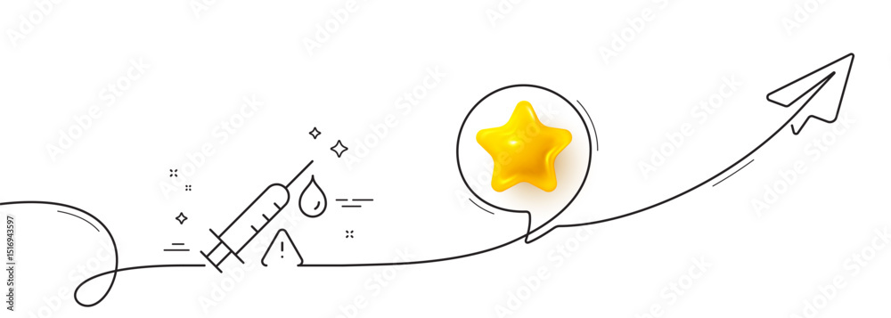 Poster vaccine attention line icon. continuous line with share plane. vaccination syringe warning sign. jab