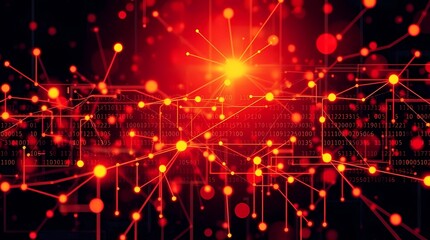 Abstract technology background with warm backlighting.  Reds, oranges, and yellows. Neural networks, binary code, interconnected nodes glow