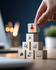 Hand stacks wooden blocks with business icons in office setting