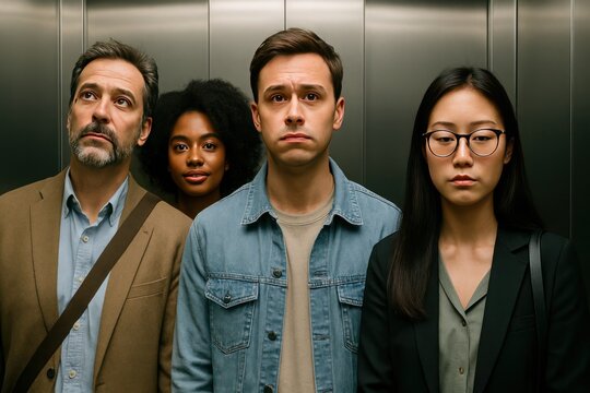 Diverse Group of People Standing Anxiously Inside Modern Elevator