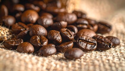 Rich Roasted Coffee Beans Piled on Coarse Textured Fabric