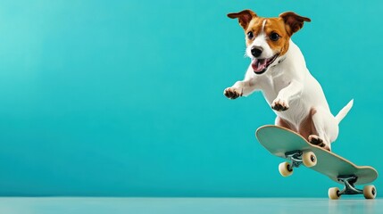 A happy dog riding a skateboard, performing an impressive trick in mid-air. Blue background.