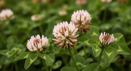 Fototapeta premium Close-up of pink clover flowers in lush green foliage