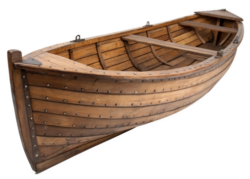 A rustic wooden boat, likely an antique rowboat, with visible planks and numerous metal rivets or bolts securing its construction. The boat has a simple design with a flat seat across its width. - Powered by Adobe