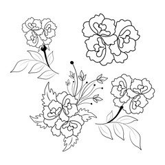 An illustration of a vectors different type of  flowers, traditional and cultural alpona design in continuous line art drawing style.