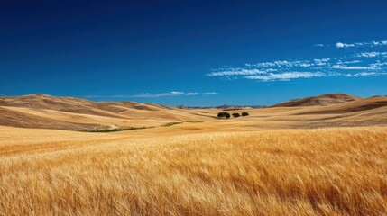 Golden Wheat Fields with Clear Blue Skies Over Tranquil Rural Countryside