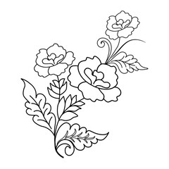 An illustration of a vectors different type of  flowers, traditional and cultural alpona design in continuous line art drawing style.